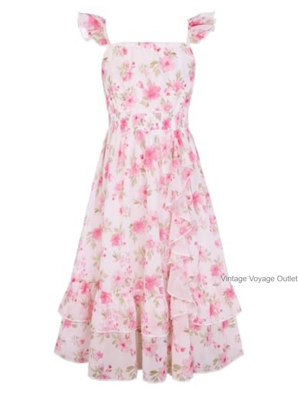 Girls Floral Smocked Maxi Sundress Square Neck Ruffle Sleeve Adjustable Straps